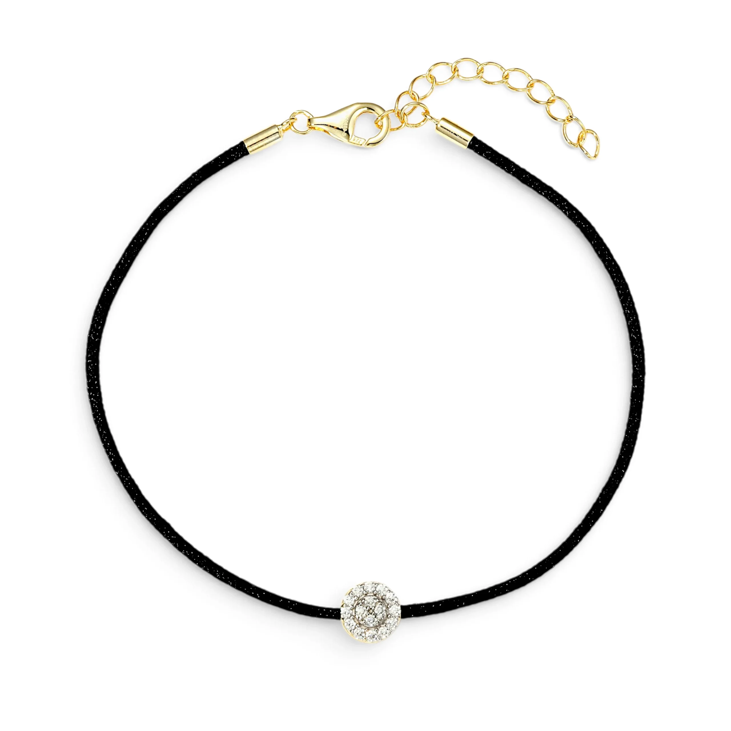 Black cord bracelet with a sparkling round zircon pendant and a gold clasp