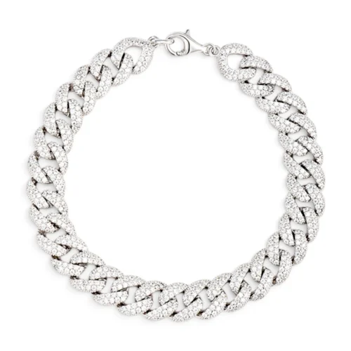 Silver cuban link bracelet paved with sparkling white cubic zirconia stones