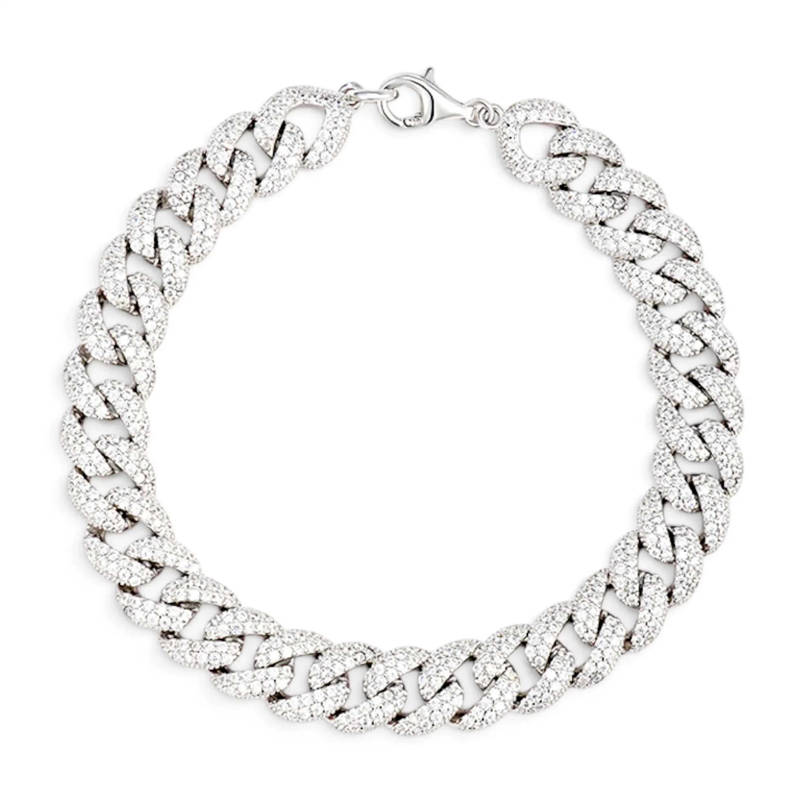 Silver cuban link bracelet paved with sparkling white cubic zirconia stones