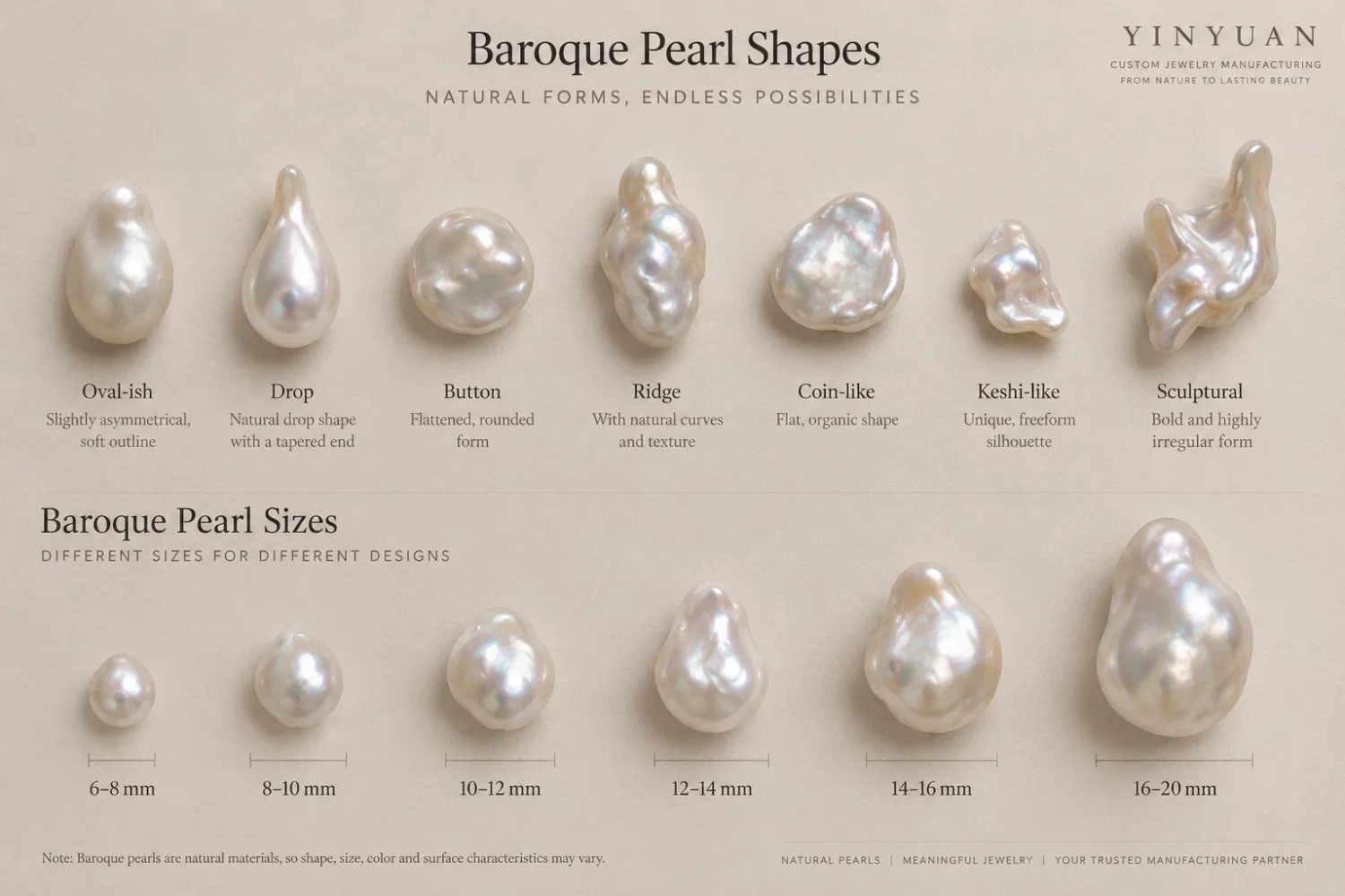 different baroque pearl shapes and sizes